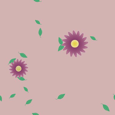 Basit renkli çiçeklerle kusursuz desen ve duvar kağıdı için yeşil yapraklar, vektör illüstrasyonu