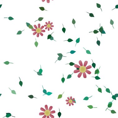 Basit renkli çiçeklerle kusursuz desen ve duvar kağıdı için yeşil yapraklar, vektör illüstrasyonu
