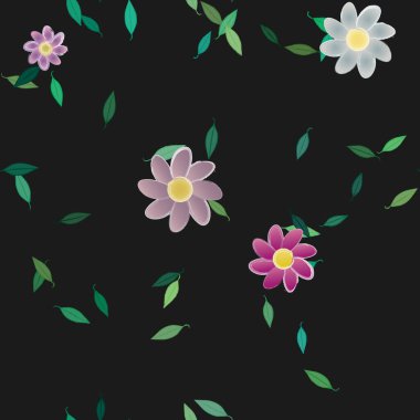 basit renkli çiçekleri olan serbest kompozisyon ve duvar kağıdı için yeşil yapraklar, vektör illüstrasyonu