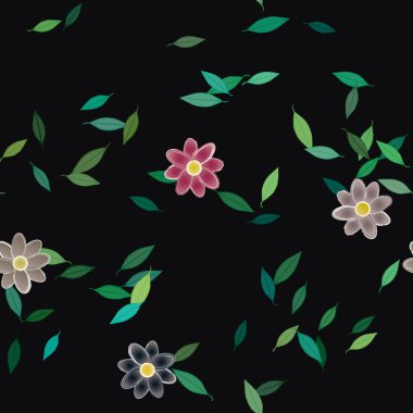 basit renkli çiçekleri olan serbest kompozisyon ve duvar kağıdı için yeşil yapraklar, vektör illüstrasyonu