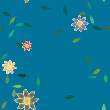 Basit renkli çiçeklerle kusursuz desen ve duvar kağıdı için yeşil yapraklar, vektör illüstrasyonu