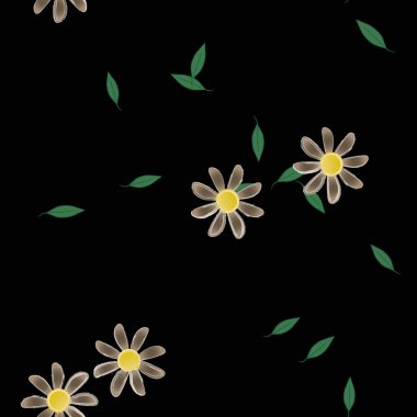 Basit renkli çiçeklerle kusursuz desen ve duvar kağıdı için yeşil yapraklar, vektör illüstrasyonu