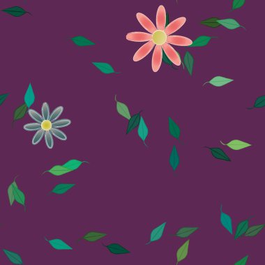 Basit renkli çiçeklerle kusursuz desen ve duvar kağıdı için yeşil yapraklar, vektör illüstrasyonu