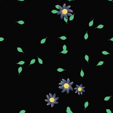 basit renkli çiçekleri olan serbest kompozisyon ve duvar kağıdı için yeşil yapraklar, vektör illüstrasyonu