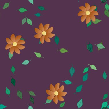 basit renkli çiçekleri olan serbest kompozisyon ve duvar kağıdı için yeşil yapraklar, vektör illüstrasyonu