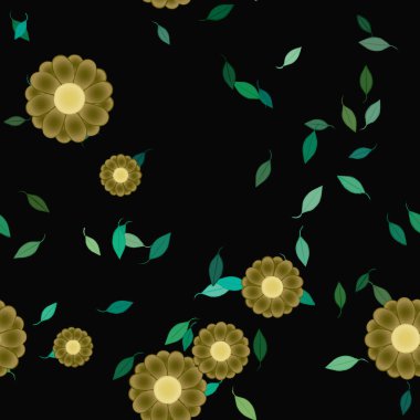 Basit renkli çiçeklerle kusursuz desen ve duvar kağıdı için yeşil yapraklar, vektör illüstrasyonu