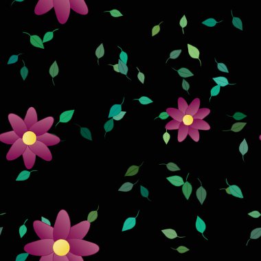 Basit renkli çiçeklerle kusursuz desen ve duvar kağıdı için yeşil yapraklar, vektör illüstrasyonu