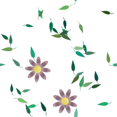 Basit renkli çiçeklerle kusursuz desen ve duvar kağıdı için yeşil yapraklar, vektör illüstrasyonu