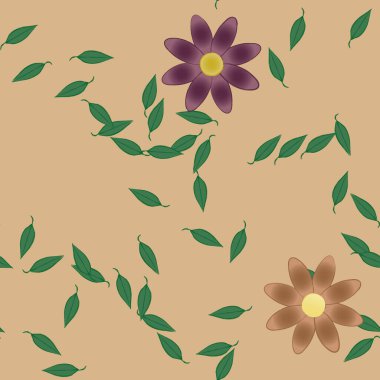 Basit renkli çiçeklerle kusursuz desen ve duvar kağıdı için yeşil yapraklar, vektör illüstrasyonu