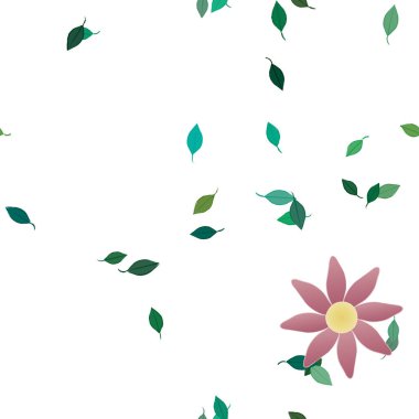 basit renkli çiçekleri olan serbest kompozisyon ve duvar kağıdı için yeşil yapraklar, vektör illüstrasyonu