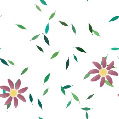 basit renkli çiçekleri olan serbest kompozisyon ve duvar kağıdı için yeşil yapraklar, vektör illüstrasyonu