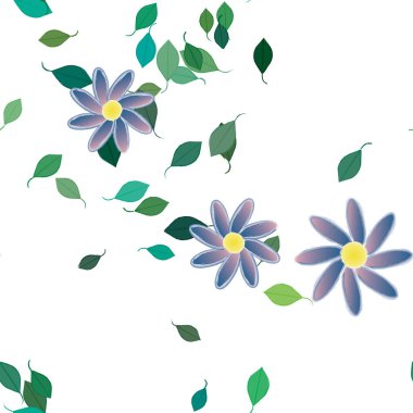 Basit renkli çiçeklerle kusursuz desen ve duvar kağıdı için yeşil yapraklar, vektör illüstrasyonu