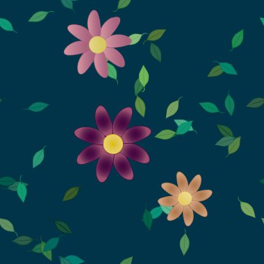 basit renkli çiçekleri olan serbest kompozisyon ve duvar kağıdı için yeşil yapraklar, vektör illüstrasyonu