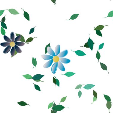 basit renkli çiçekleri olan serbest kompozisyon ve duvar kağıdı için yeşil yapraklar, vektör illüstrasyonu