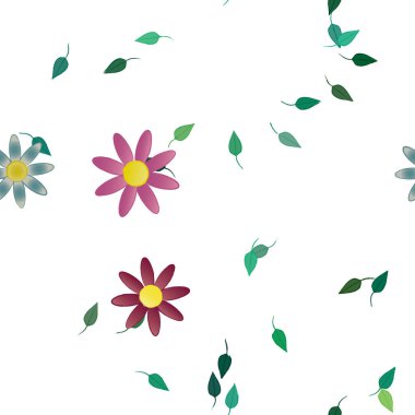 basit renkli çiçekleri olan serbest kompozisyon ve duvar kağıdı için yeşil yapraklar, vektör illüstrasyonu