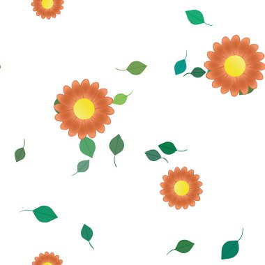 basit renkli çiçekleri olan serbest kompozisyon ve duvar kağıdı için yeşil yapraklar, vektör illüstrasyonu