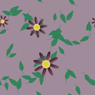 basit renkli çiçekleri olan serbest kompozisyon ve duvar kağıdı için yeşil yapraklar, vektör illüstrasyonu