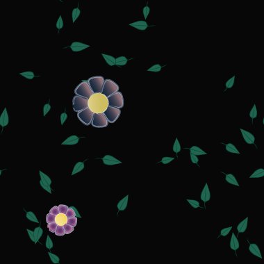 basit renkli çiçekleri olan serbest kompozisyon ve duvar kağıdı için yeşil yapraklar, vektör illüstrasyonu