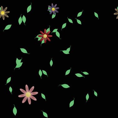 basit renkli çiçekleri olan serbest kompozisyon ve duvar kağıdı için yeşil yapraklar, vektör illüstrasyonu