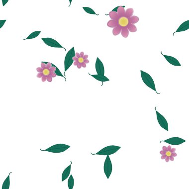 Basit renkli çiçeklerle kusursuz desen ve duvar kağıdı için yeşil yapraklar, vektör illüstrasyonu