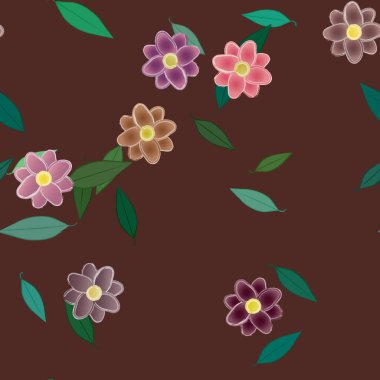 Basit renkli çiçeklerle kusursuz desen ve duvar kağıdı için yeşil yapraklar, vektör illüstrasyonu