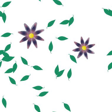 Basit renkli çiçeklerle kusursuz desen ve duvar kağıdı için yeşil yapraklar, vektör illüstrasyonu