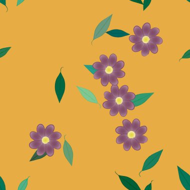 Basit renkli çiçeklerle kusursuz desen ve duvar kağıdı için yeşil yapraklar, vektör illüstrasyonu