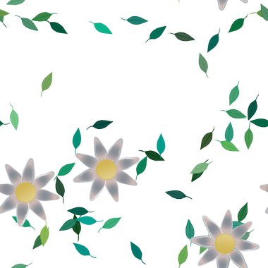 basit renkli çiçekleri olan serbest kompozisyon ve duvar kağıdı için yeşil yapraklar, vektör illüstrasyonu