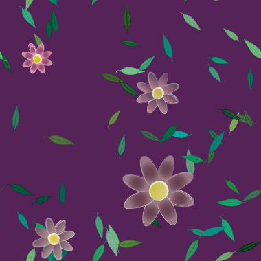 basit renkli çiçekleri olan serbest kompozisyon ve duvar kağıdı için yeşil yapraklar, vektör illüstrasyonu