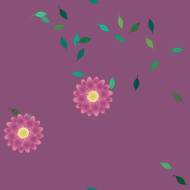 basit renkli çiçekleri olan serbest kompozisyon ve duvar kağıdı için yeşil yapraklar, vektör illüstrasyonu