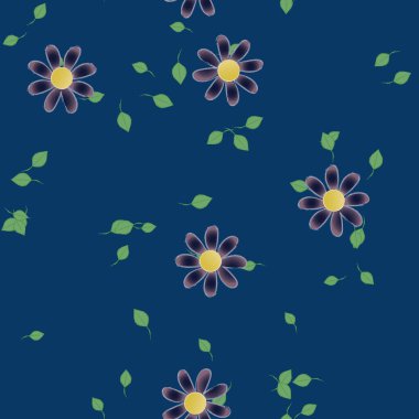 Basit renkli çiçeklerle kusursuz desen ve duvar kağıdı için yeşil yapraklar, vektör illüstrasyonu