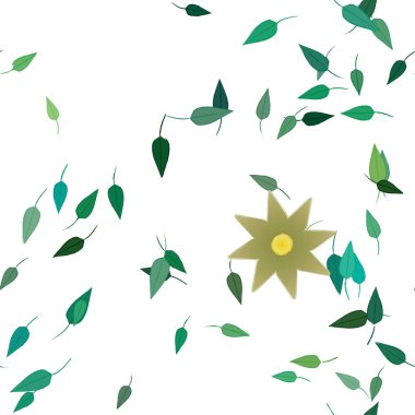 Basit renkli çiçeklerle kusursuz desen ve duvar kağıdı için yeşil yapraklar, vektör illüstrasyonu