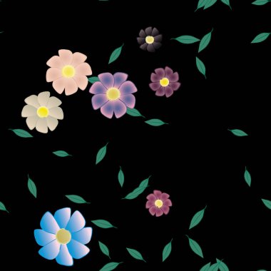 Basit renkli çiçeklerle kusursuz desen ve duvar kağıdı için yeşil yapraklar, vektör illüstrasyonu