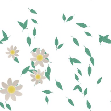 Basit renkli çiçeklerle kusursuz desen ve duvar kağıdı için yeşil yapraklar, vektör illüstrasyonu