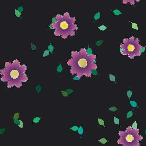 Motif Sans Couture Avec Des Fleurs Colorées Simples Feuilles Vertes — Image vectorielle