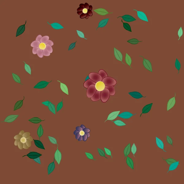 シンプルなカラフルな花と壁紙の緑の葉のシームレスなパターン ベクトルイラスト — ストックベクタ