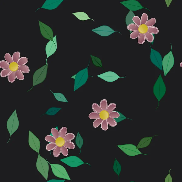 Seamless Pattern Simple Colorful Flowers Green Leaves Wallpaper Vector Illustration — Stock Vector