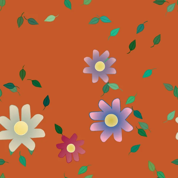 Motif Sans Couture Avec Des Fleurs Colorées Simples Feuilles Vertes — Image vectorielle