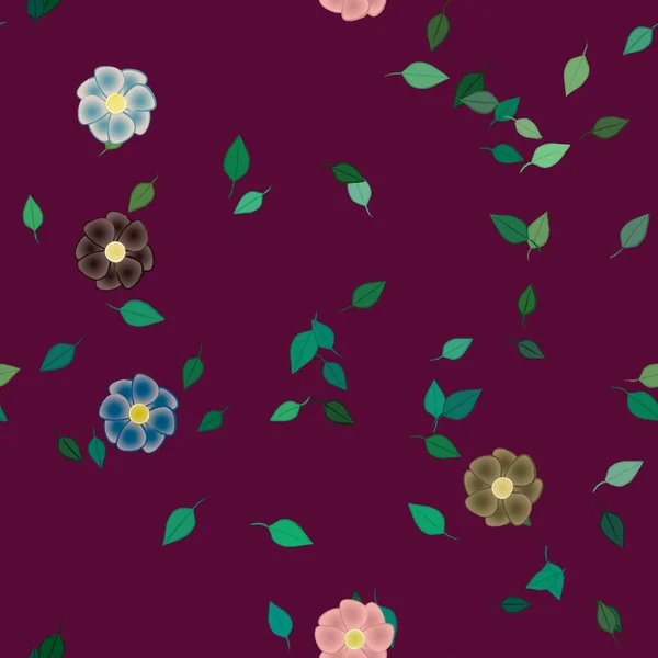 Motif Sans Couture Avec Des Fleurs Colorées Simples Feuilles Vertes — Image vectorielle