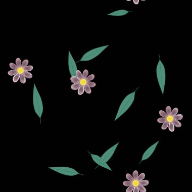 basit renkli çiçekleri olan serbest kompozisyon ve duvar kağıdı için yeşil yapraklar, vektör illüstrasyonu