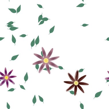 Basit renkli çiçeklerle kusursuz desen ve duvar kağıdı için yeşil yapraklar, vektör illüstrasyonu