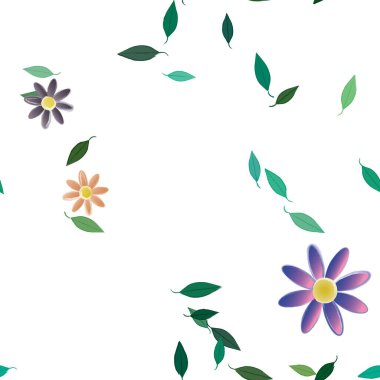 basit renkli çiçekleri olan serbest kompozisyon ve duvar kağıdı için yeşil yapraklar, vektör illüstrasyonu