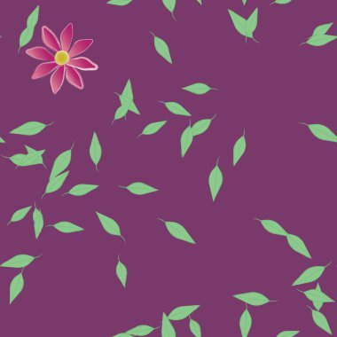 basit renkli çiçekleri olan serbest kompozisyon ve duvar kağıdı için yeşil yapraklar, vektör illüstrasyonu