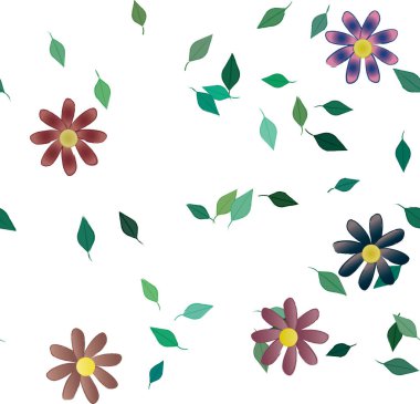 Basit renkli çiçeklerle kusursuz desen ve duvar kağıdı için yeşil yapraklar, vektör illüstrasyonu