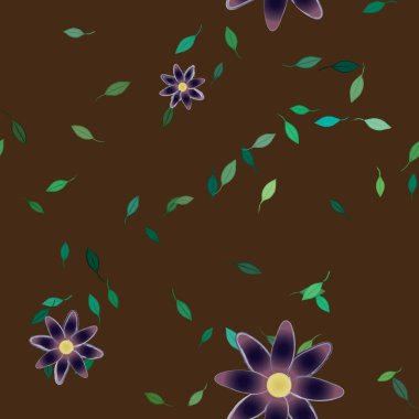 basit renkli çiçekleri olan serbest kompozisyon ve duvar kağıdı için yeşil yapraklar, vektör illüstrasyonu