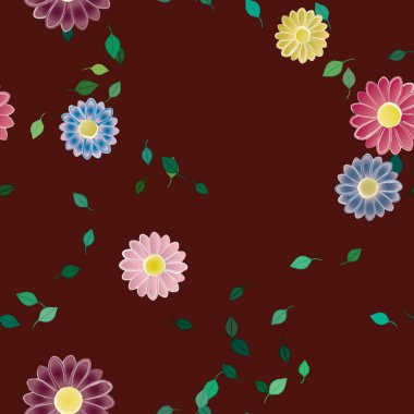 Basit renkli çiçeklerle kusursuz desen ve duvar kağıdı için yeşil yapraklar, vektör illüstrasyonu