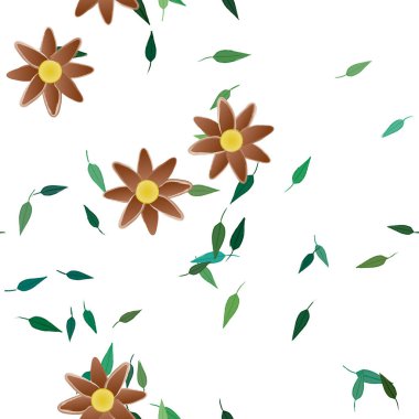 basit renkli çiçekleri olan serbest kompozisyon ve duvar kağıdı için yeşil yapraklar, vektör illüstrasyonu