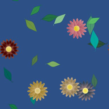 Basit renkli çiçeklerle kusursuz desen ve duvar kağıdı için yeşil yapraklar, vektör illüstrasyonu