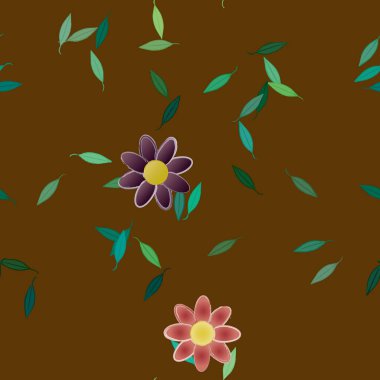 basit renkli çiçekleri olan serbest kompozisyon ve duvar kağıdı için yeşil yapraklar, vektör illüstrasyonu