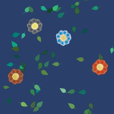 Basit renkli çiçeklerle kusursuz desen ve duvar kağıdı için yeşil yapraklar, vektör illüstrasyonu